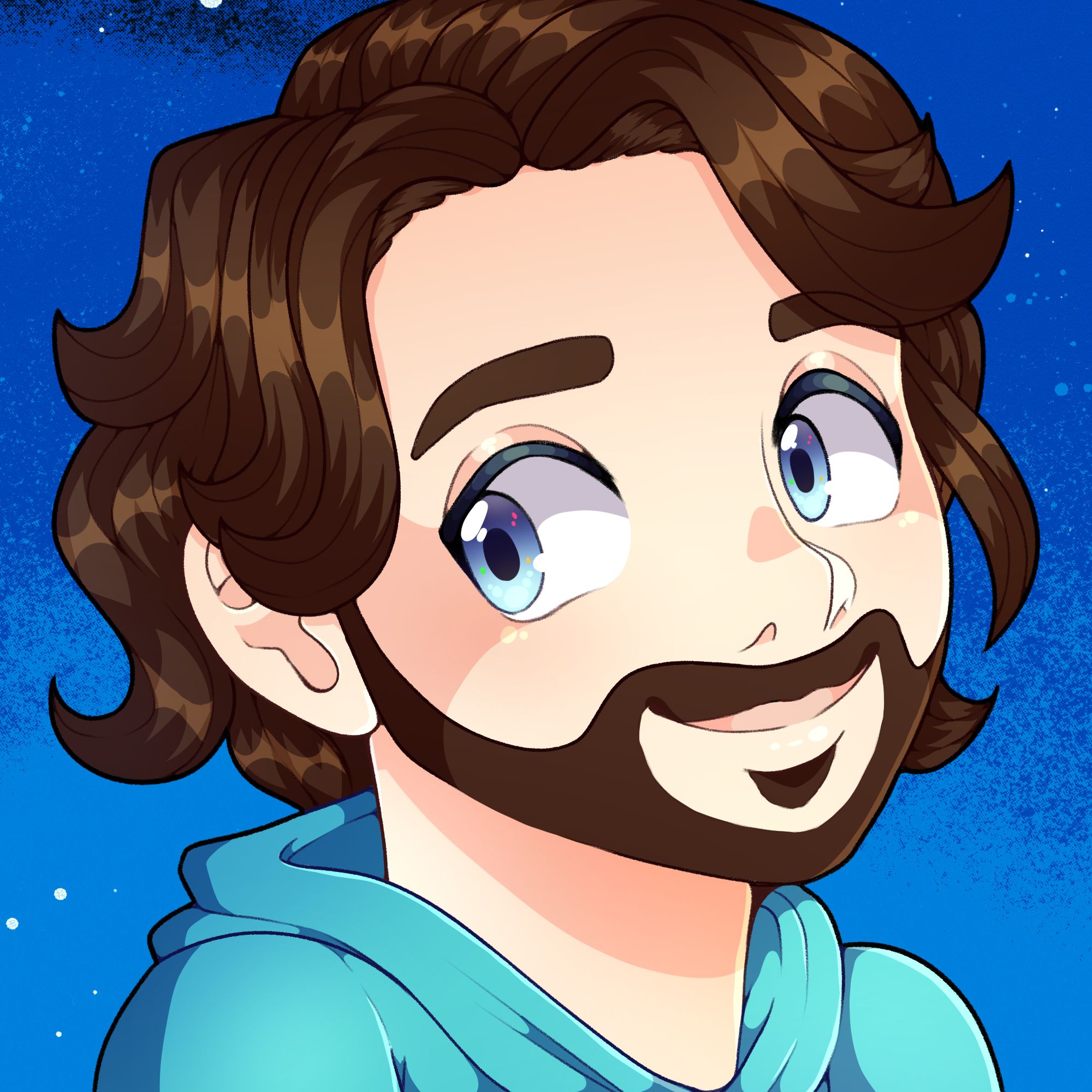 An illustration of a man with medium-length wavy hair, a short beard, and a turquoise hoodie.